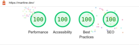 Lighthouse report showing results for martine.dev. Performance 100, Accessibility 100, Best Practices 100, SEO 100.