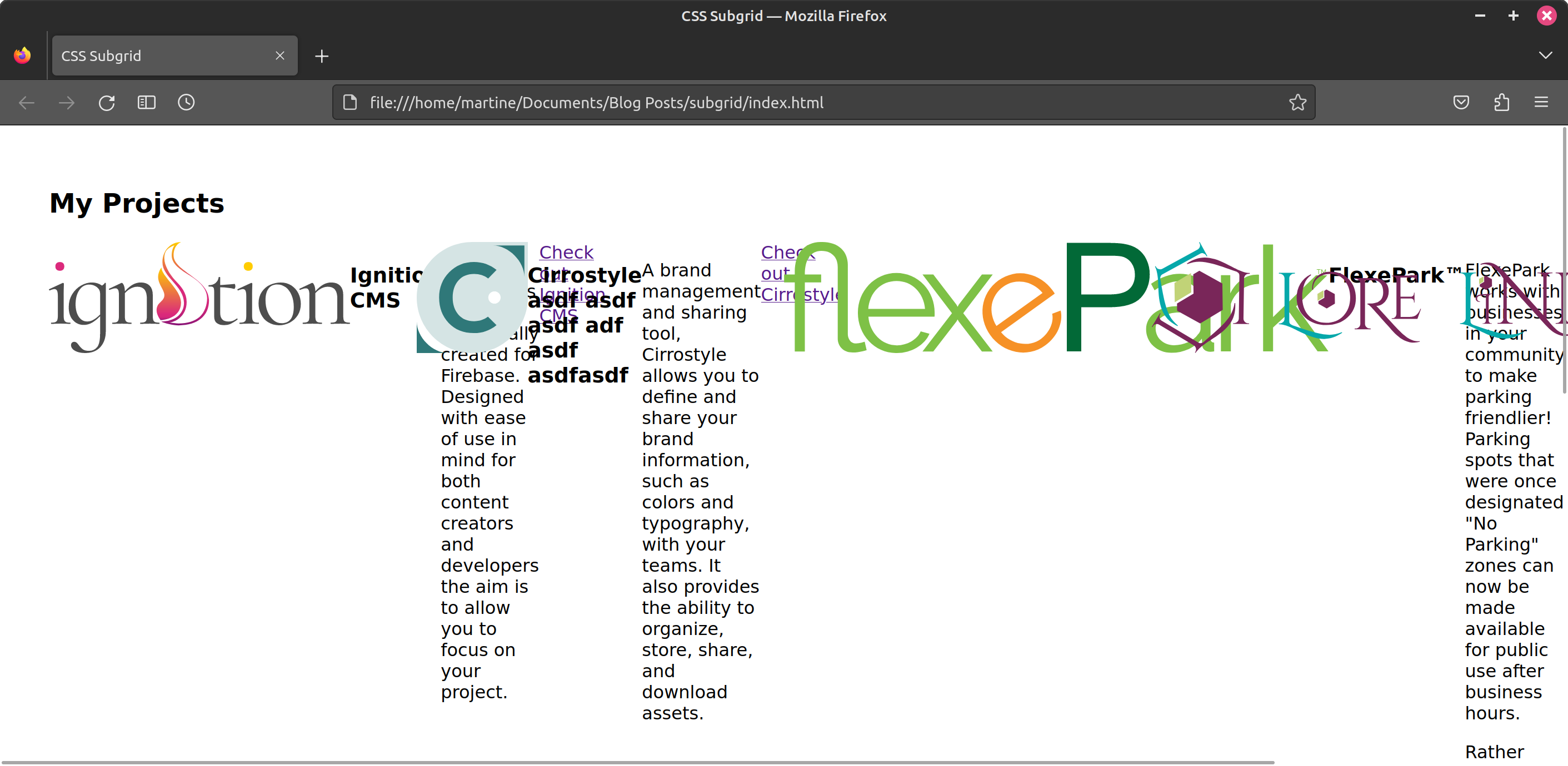 Screen capture content layed out in 3 columns. The individual project's contents are aligned to the top of their columns in one row. The individual project rows are overlapping each other. The row is now 100px tall.