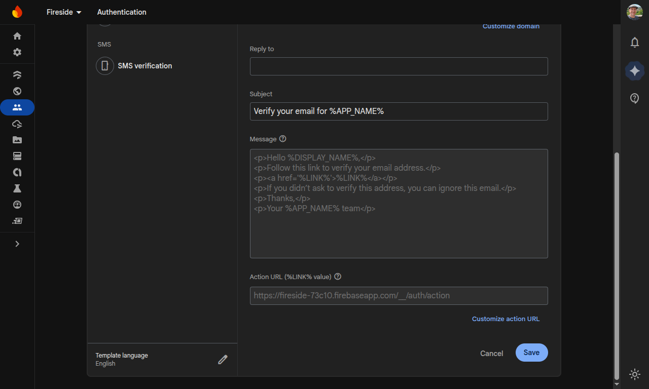 10 Firebase Action URL Screenshot showing the email template action url with a customize link
