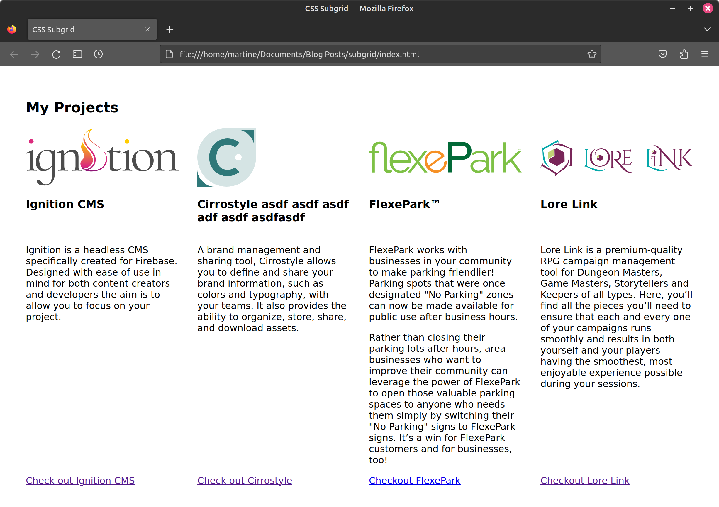 Screen capture of projects with added white space between the columns and image size constrained. The content no longer overflows its columns.