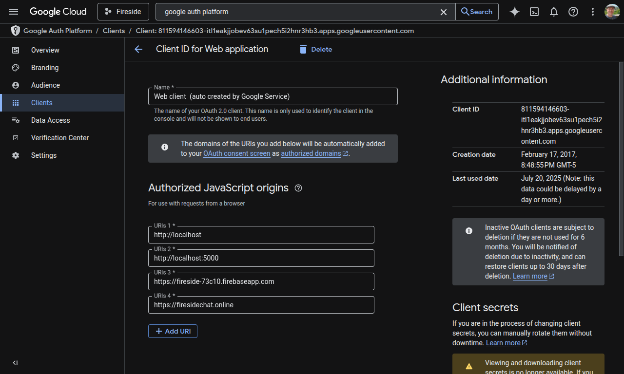 14 GCP JavaScript Origins Google Cloud screenshot showing authorized JavaScript origins for an authentication client