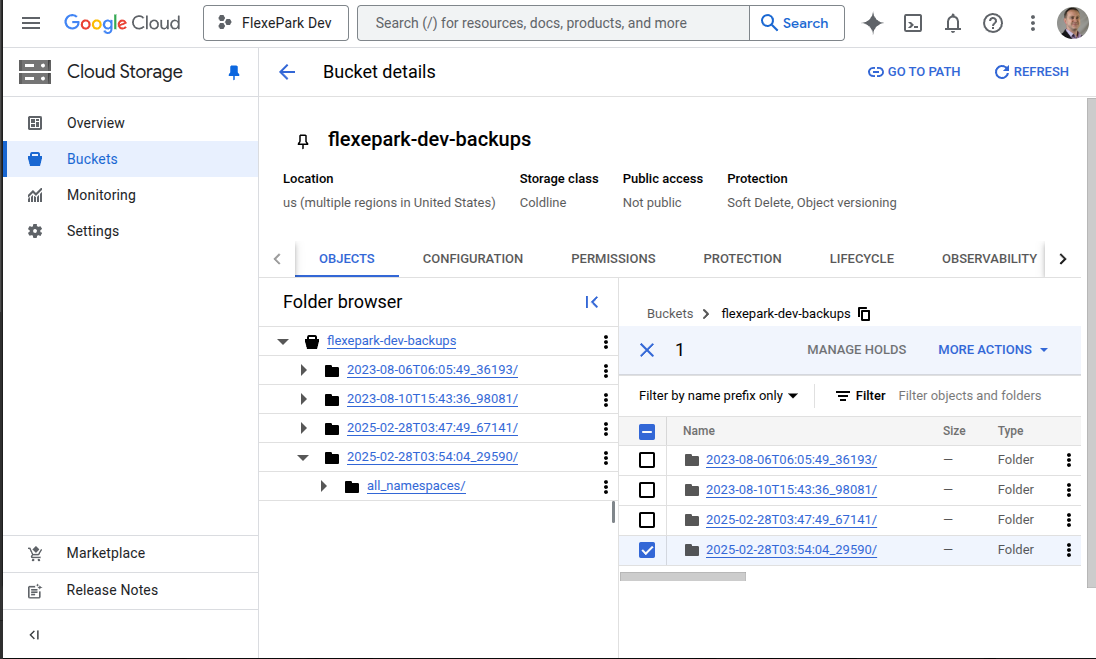 Google Cloud UI for the Cloud Storage bucket browser. Selecting a bucket shows the directory tree and files contained within. From here files (and folders) may be downloaded and uploaded.