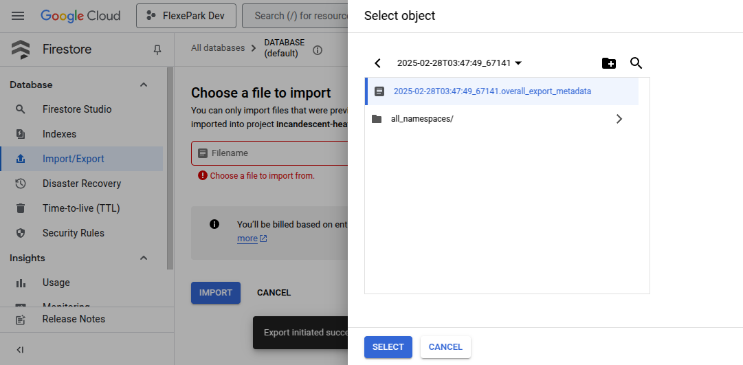 Google Cloud UI for Firestore showing the Import screen screen. You'll choose a file to import by browsing through cloud storage buckets. Once you've identified the export folder you'll need to select the overall_export_metadata file to begin the import.