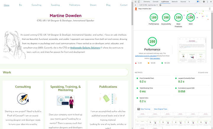 Lighthouse results for the martine.dev website showing 100 Performance, 100 Accessibility, 100 Best Practices, and 100 SEO.