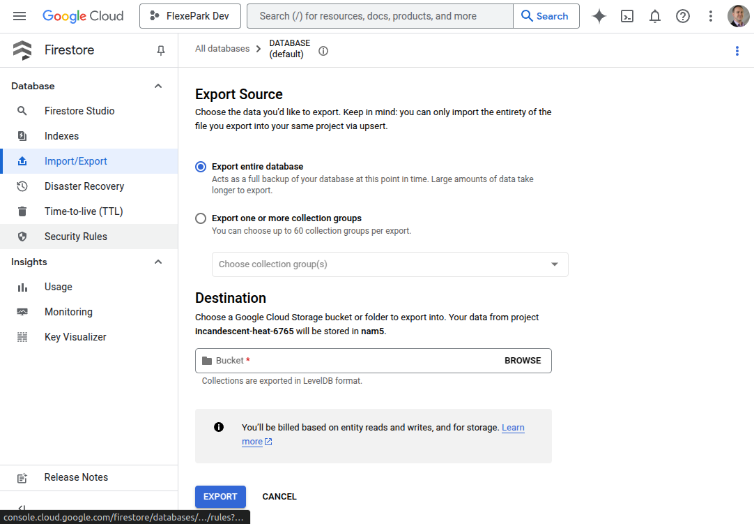 Google Cloud UI for Firestore showing the Export screen. You can choose between Export entire database or Export one or more collection groups. Additionally you'll select a Destination which is a cloud storage bucket.