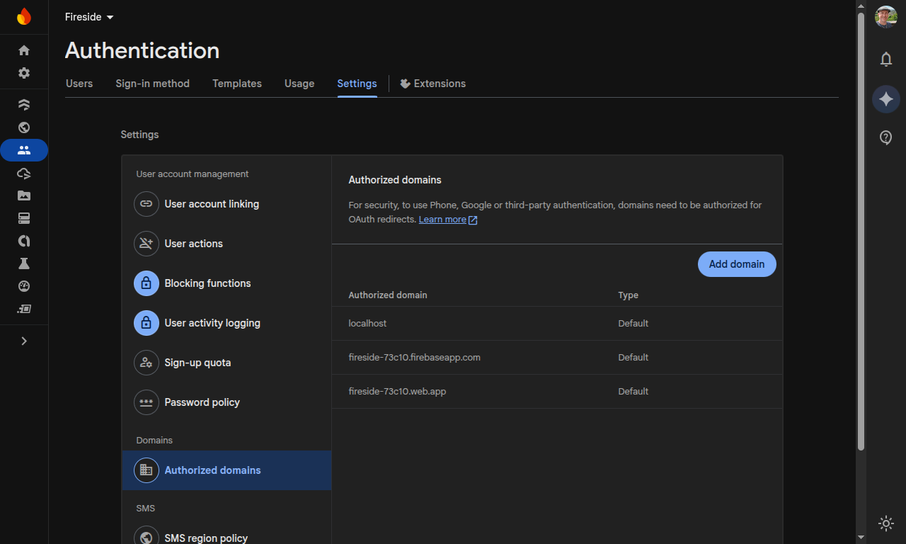 04 Firebase Auth Domains Screenshot showing the default list of authorized domains for Firebase Authentication under Authentication then Settings in the menu