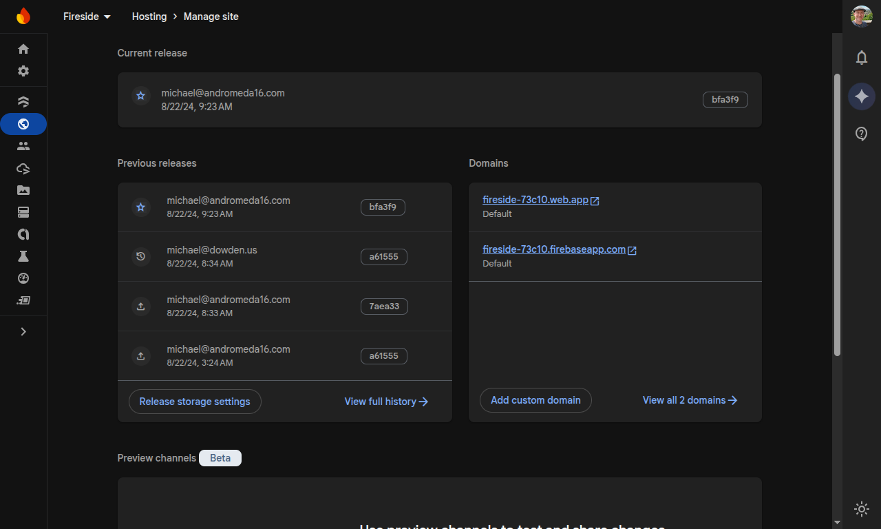 01 Firebase Manage Hosting Screenshot showing the Firebase hosting domains under hosting then manage site in the navigation.