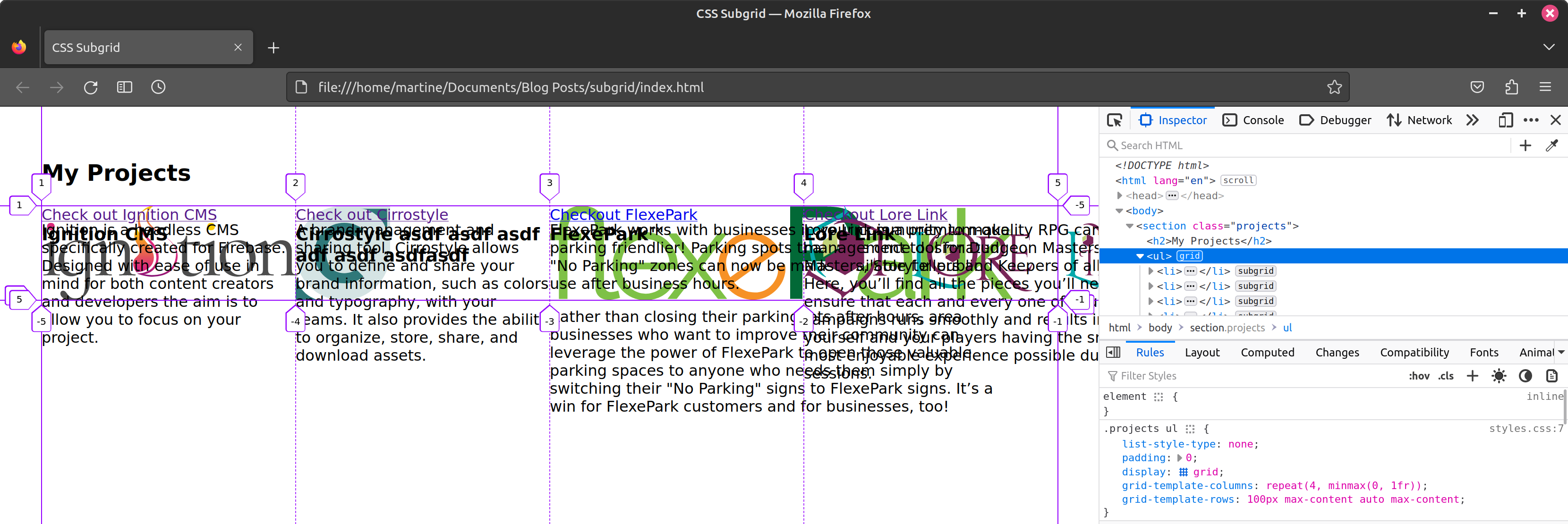 Screen capture content layed out in 3 columns. The individual project's contents are aligned to the top of their columns in one row. The individual project rows are overlapping each other.