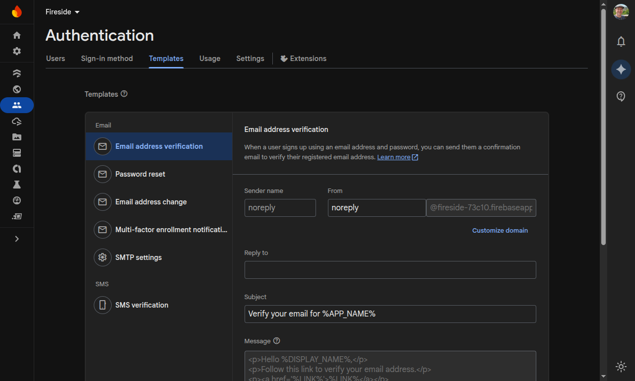 07 Firebase Edit Email Template Screenshot showing the email template edit screen