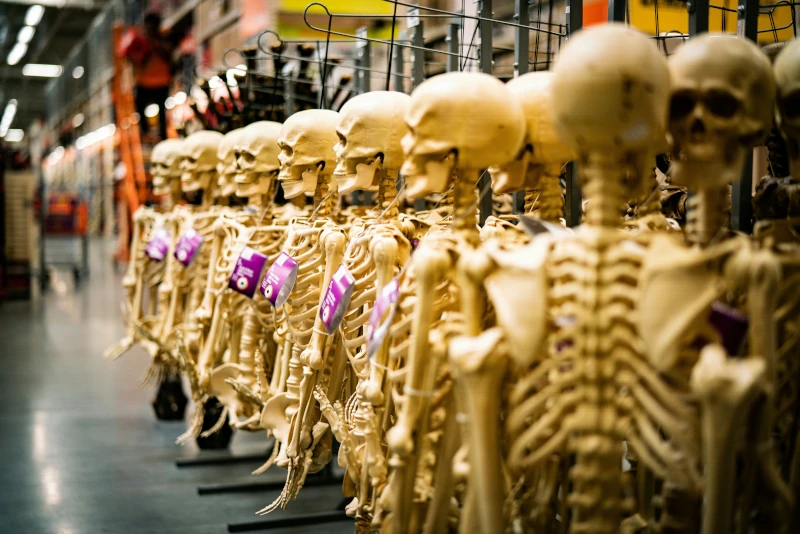 A row of Halloween skeletons hanging in a row in a store