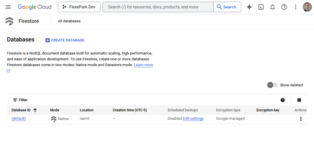 Google Cloud UI for the Firestore Databases screen, showing a list of databases including the Firebase (default) databases.