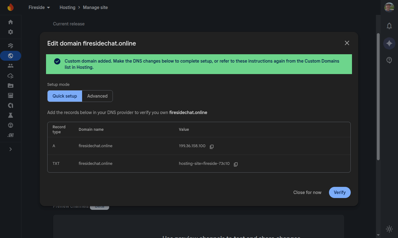 03 Firebase Domain Setup Screenshot showing the domain configuration needed for the custom hosting domain