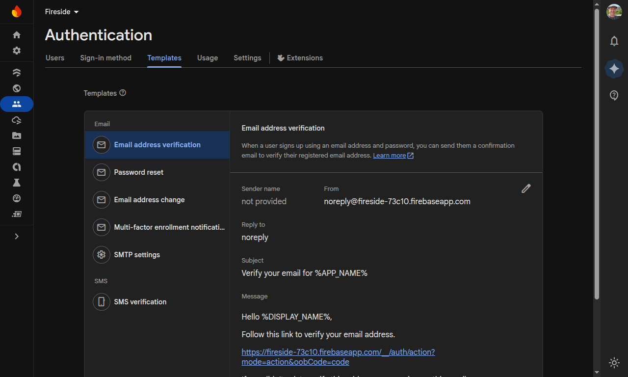 06 Firebase Auth Email Templates Screenshot showing Firebase Authentication email templates