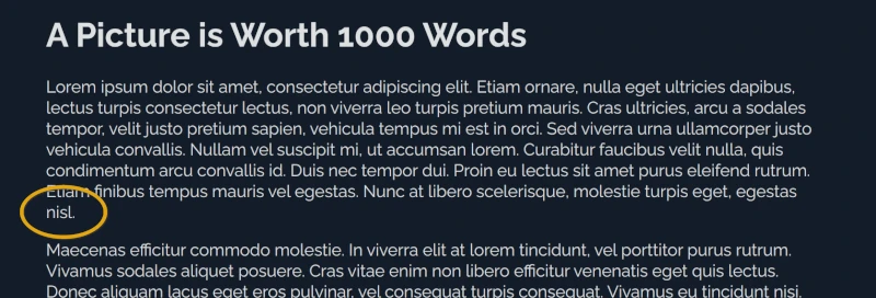 A header that states 'A Picture is Worth 1000 Words' followed by paragraphs of Lorem Ipsum the first of which ends in orphan. The orphan is circled in yellow.