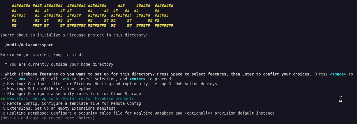 Screenshot of the terminal while running firebase init, indicating that Emulators can be selected as a feature to install