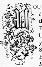 Black and white ornate letter N printed using a printing press.