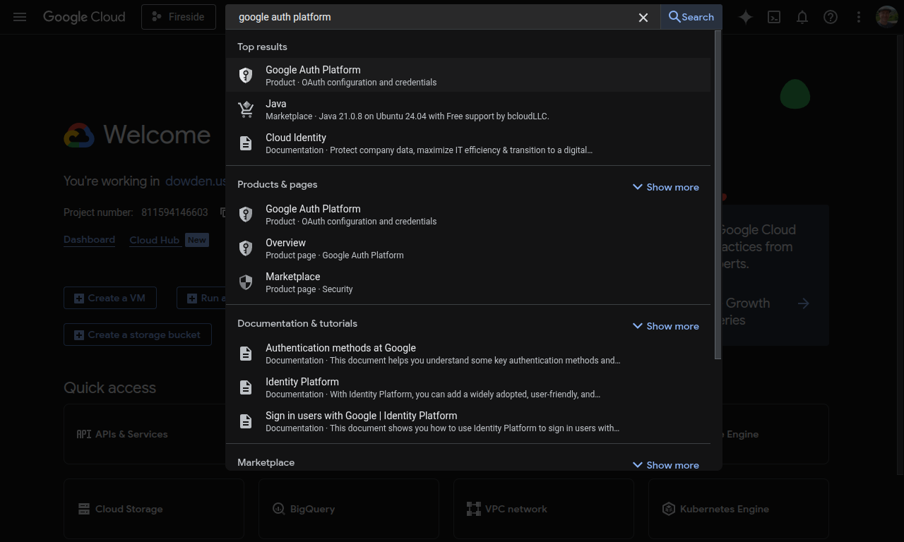 12 GCP Search Google Cloud screenshot showing the search for Google Auth Platform