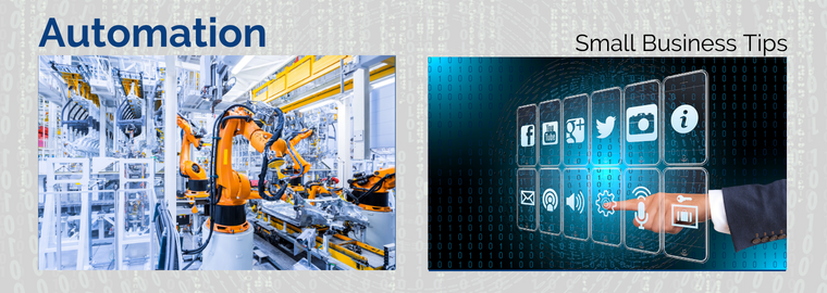 One one side an orange robotic arm works in a factory while on the other side a hand is selecting icons on a transparent screen.