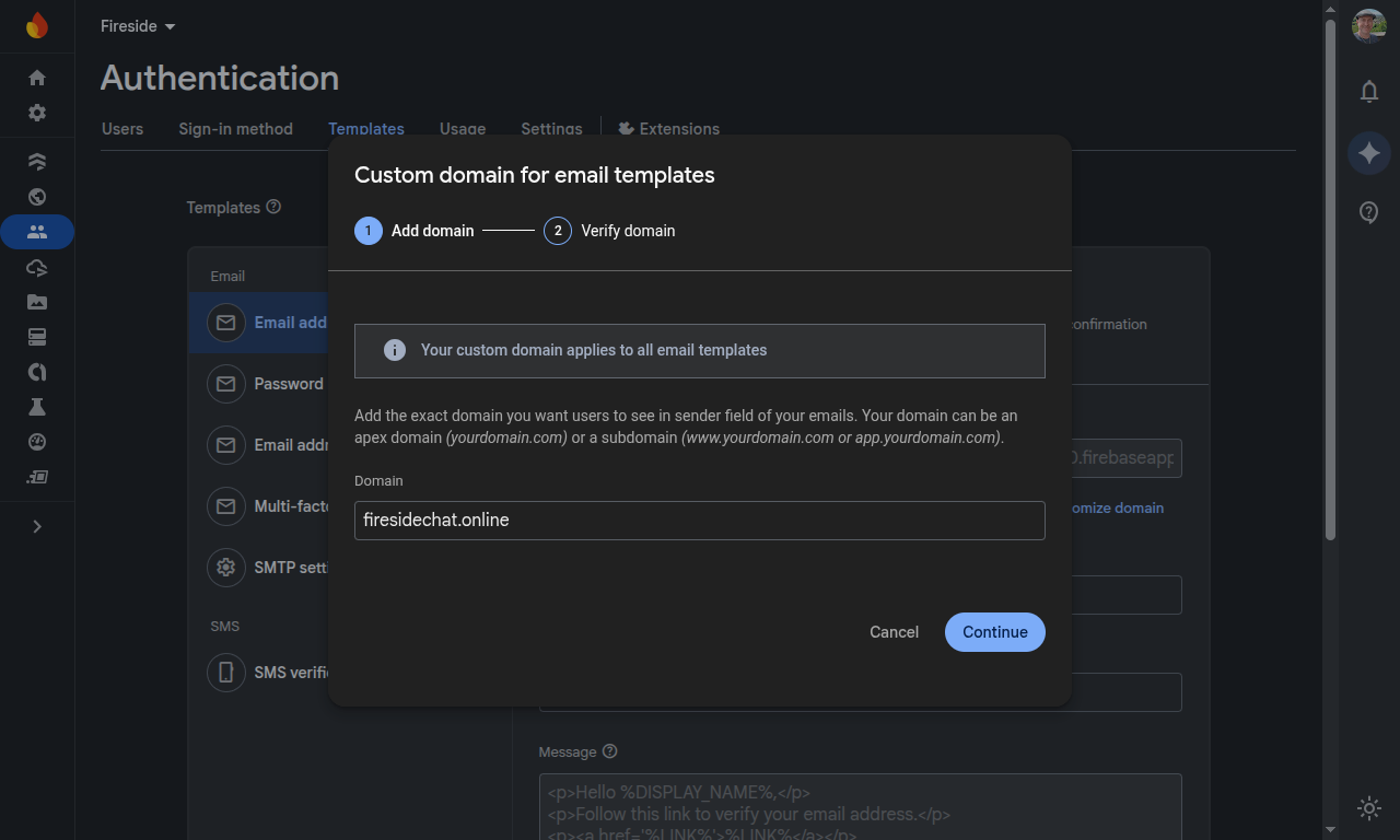 08 Firebase Custom Email Domain Screenshot showing the custom domain dialog for email templates
