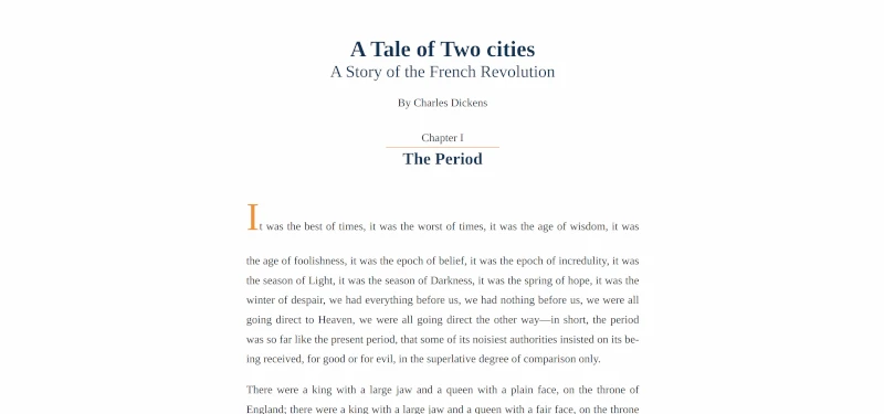 The first letter of the first paragraph is yellow and much larger than the rest of the letters which are a very dark blue almost black. The letter's baseline is aligned to the baseline of the other letters beside it. There is much wider space between the first and second lines and the between the lines of the rest of the paragraphs.