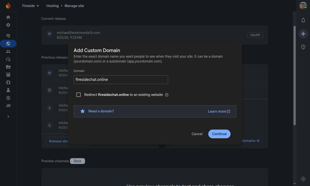 02 Firebase Add Custom Domain Screenshot showing the Add Custom Domain dialog where you enter your domain name