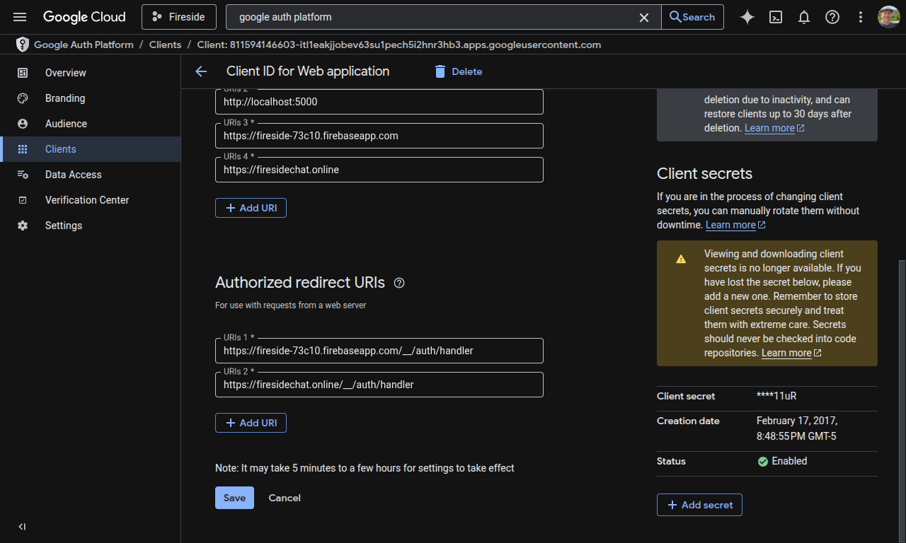 15 GCP Redirect URIs Google Cloud screenshot showing authorized redirect URIs for an authentication client