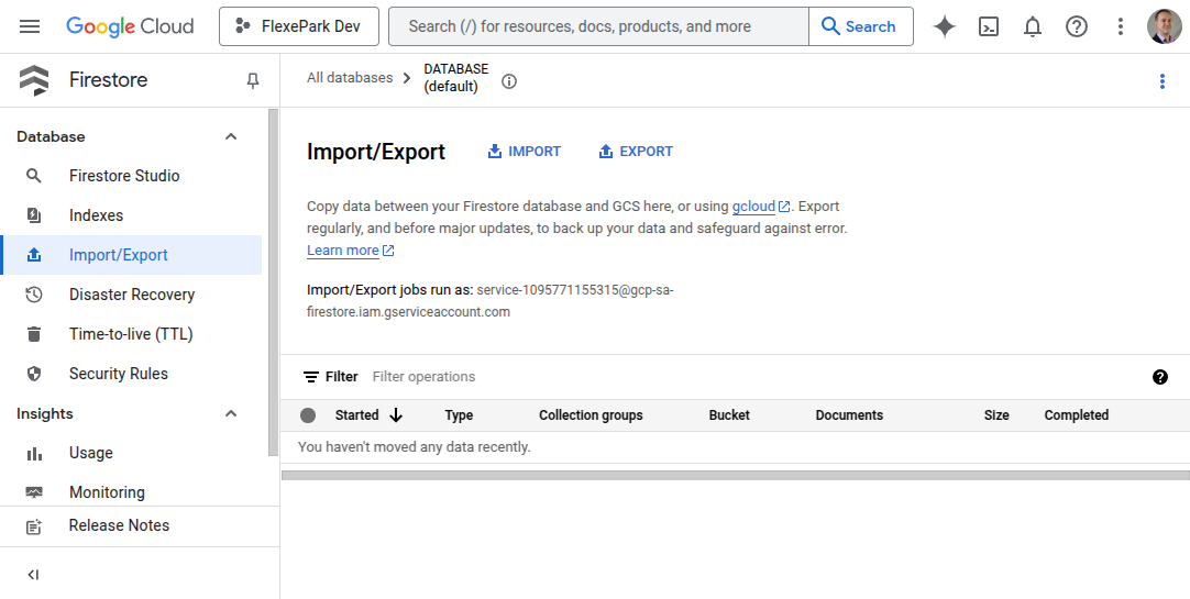 Google Cloud UI for Firestore showing the Import/Export screen once a specific database has been selected. There are Import and Export buttons to begin operations and an empty list of recent operations.