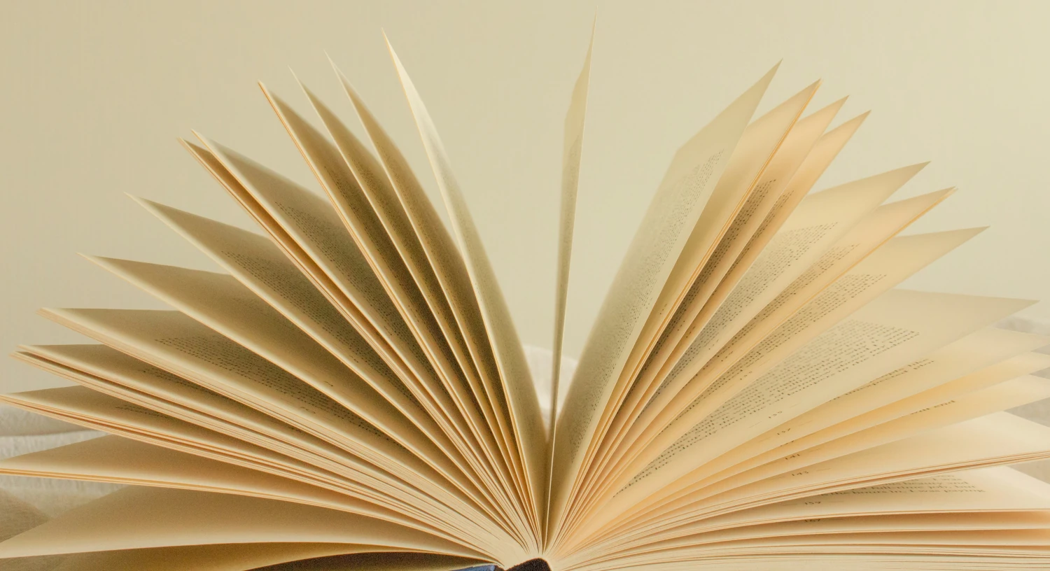 A book laying on a able with all of the pages fanned out. The perspective is from the bottom of the book to maximize the fan effect.