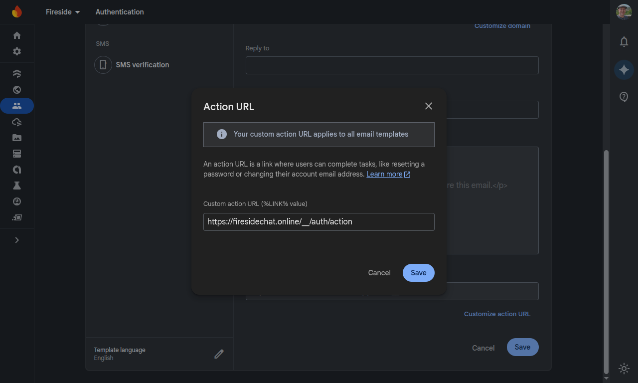 11 Firebase Customize Action URL Screenshot showing the email template action url dialog with a custom action url provided
