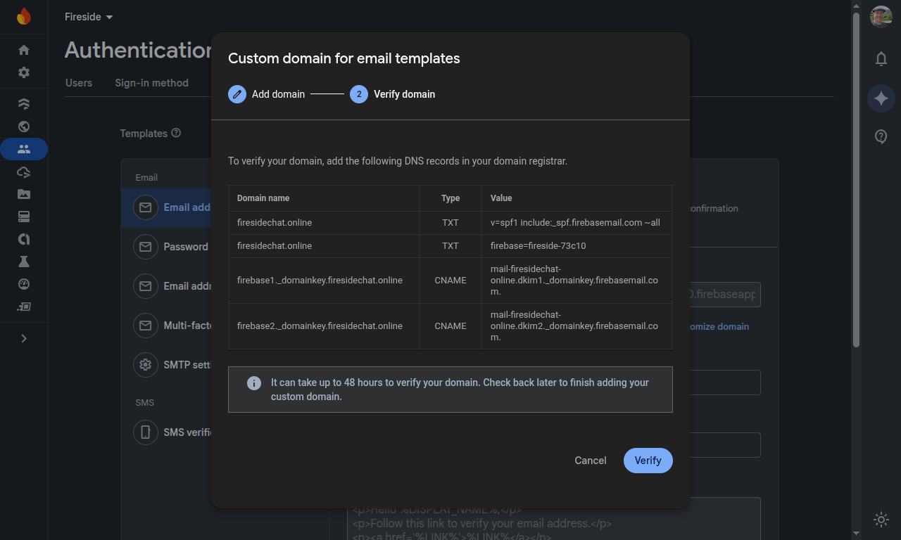 09 Firebase Custom Domain Setup Screenshot showing the domain configuration required for the email template custom domain