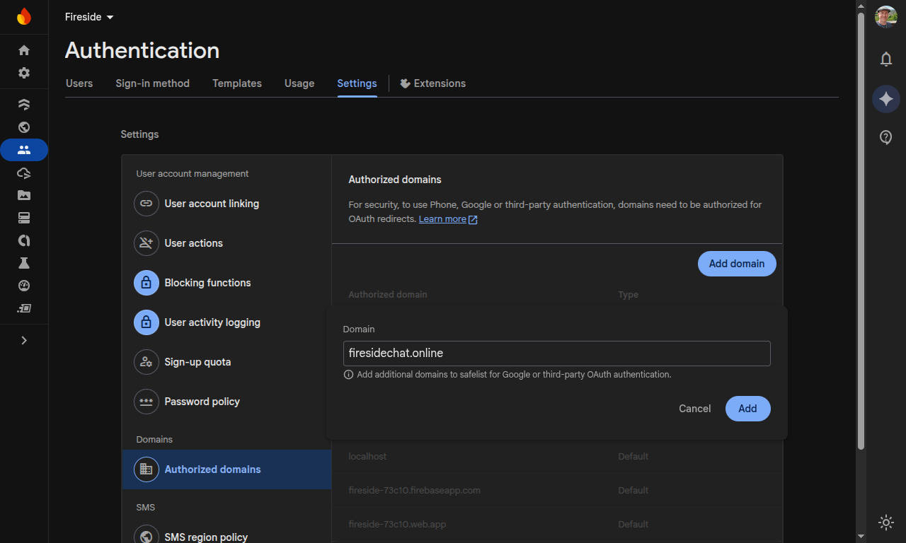 05 Firebase Add Auth Domain Screenshot showing the dialog for adding authorized authentication domains