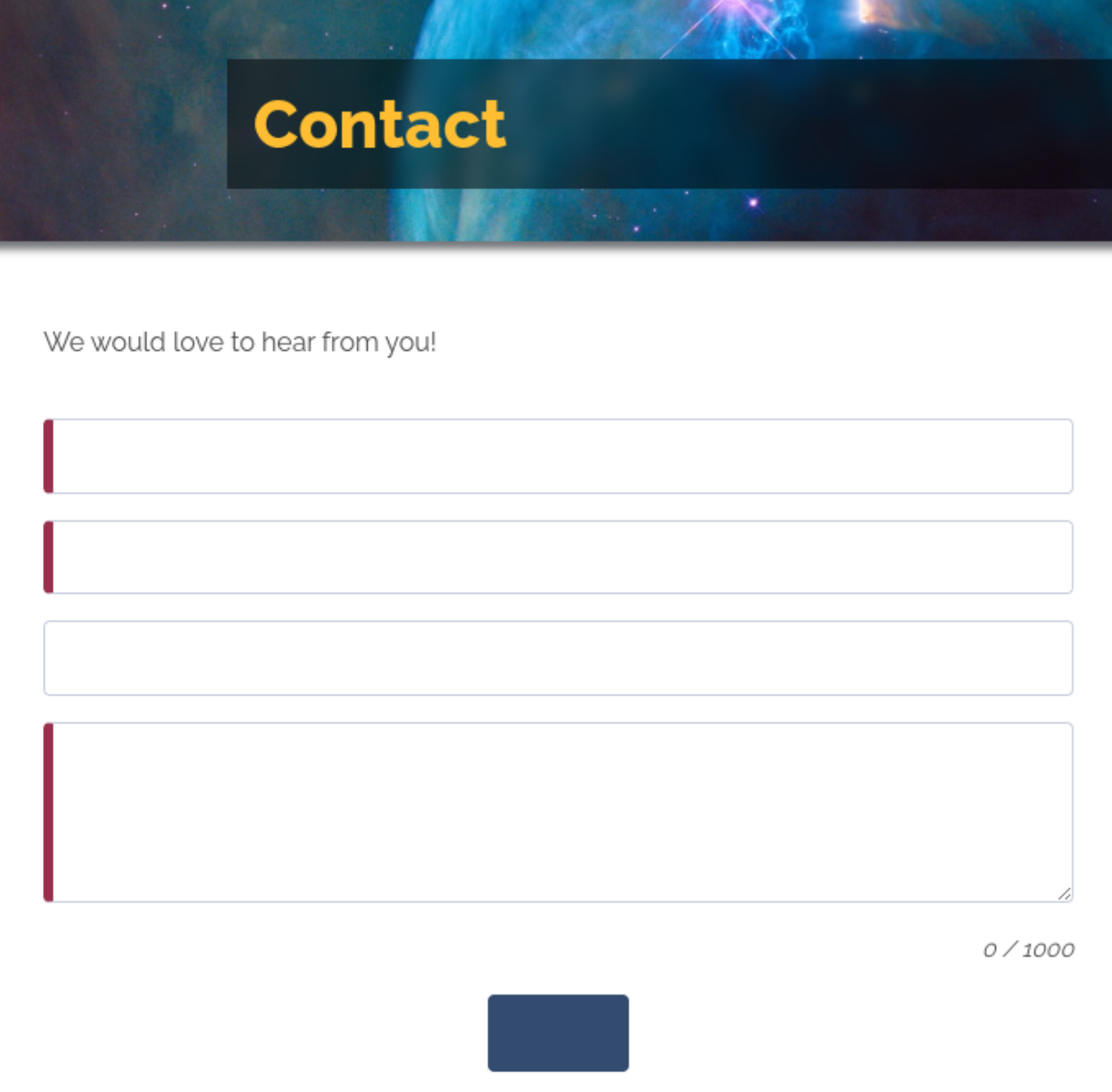 Contact form without any labels so it's not clear what the form fields are for. Even the submit button is lacking its textd.