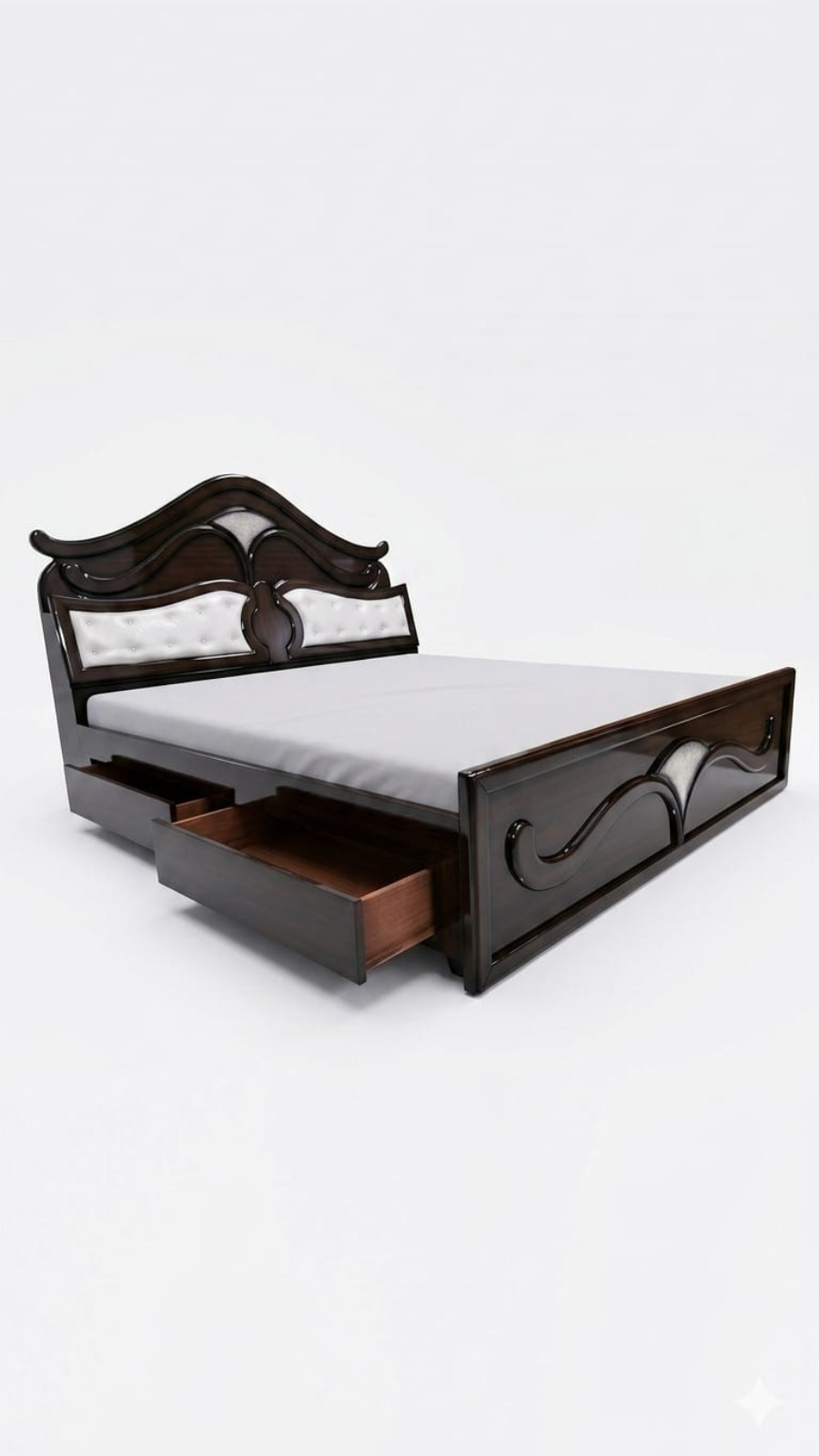 Symphony Deep Mahogany Storage Bed with White Tufted Inlays and Side Drawers