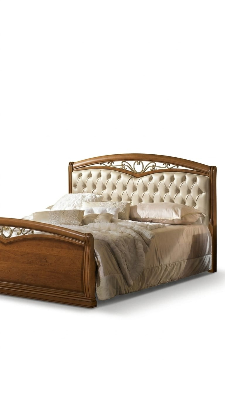 Parisian Grace Cream Tufted Leatherette Sleigh Bed with Wrought Iron Scrollwork