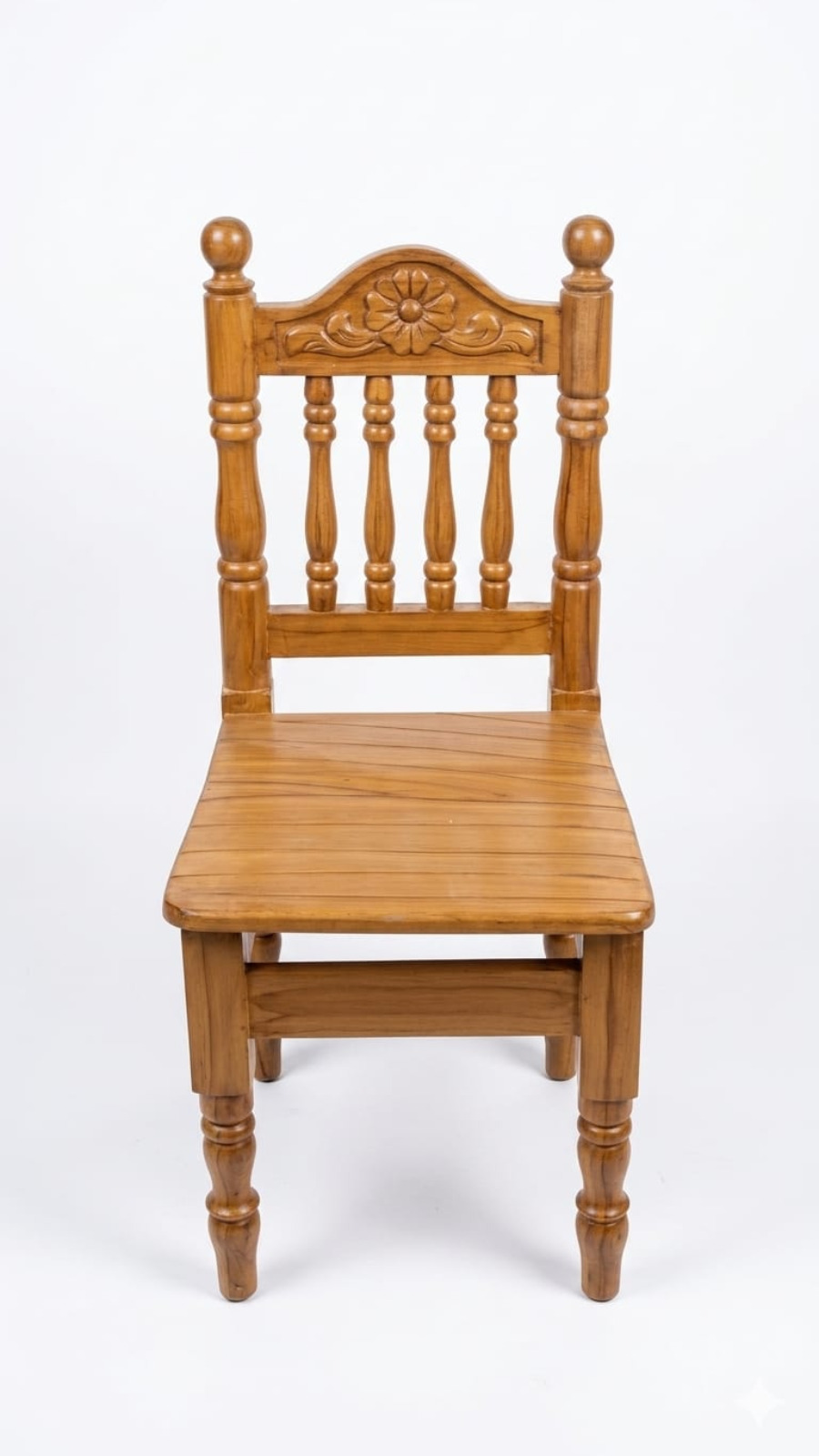 Classic Teak Finish Solid Wood Dining Chair with Hand-Carved Flower Crest