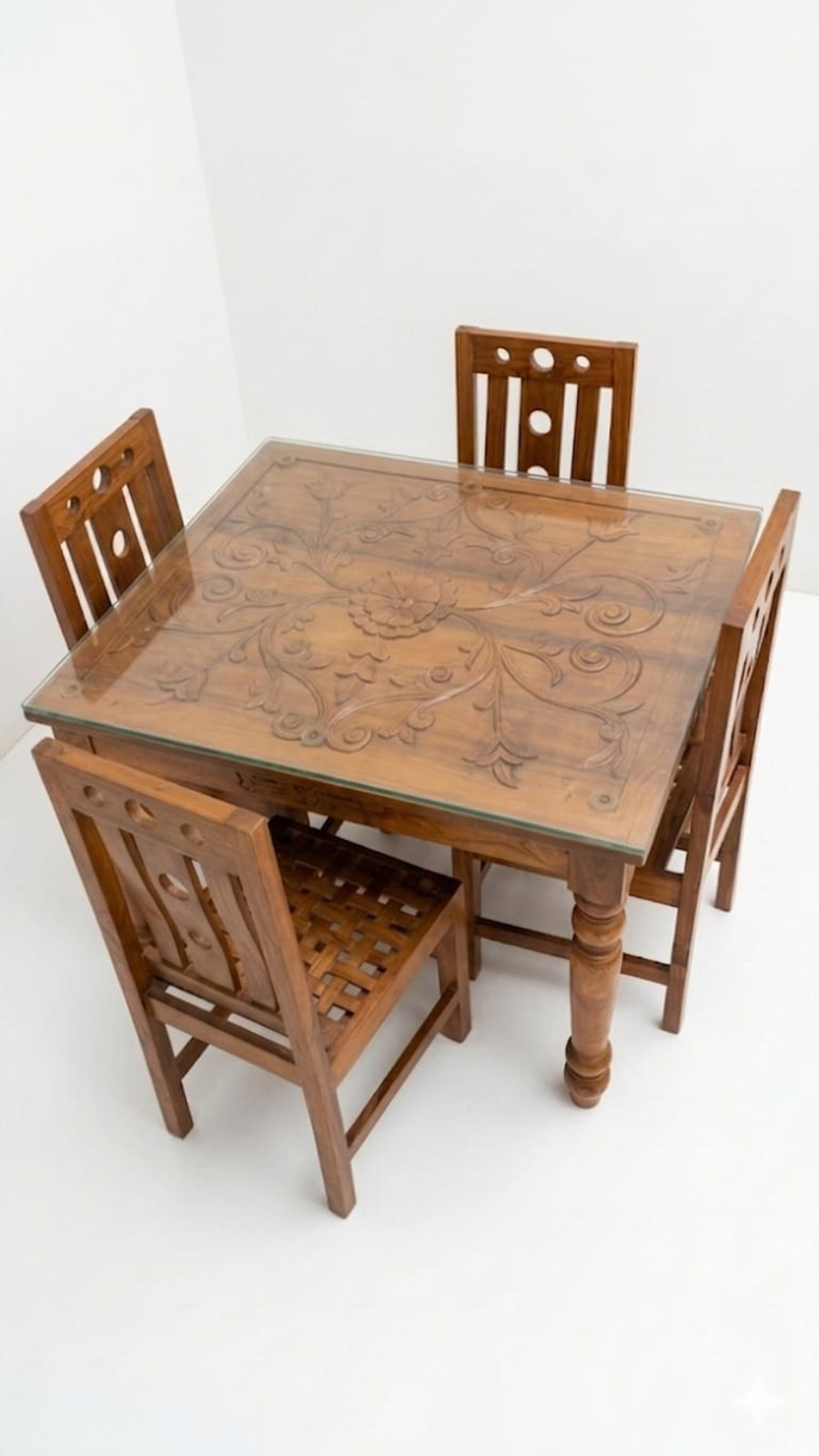 Vintage Artisan 4-Seater Dining Set with Hand-Carved Floral Top & Lattice Chairs