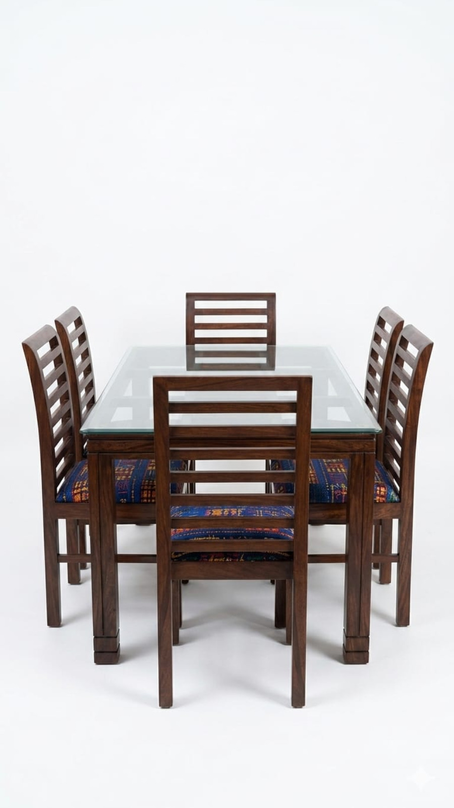 Metro Grid 6-Seater Tempered Glass Dining Table Set with Ikat-Print Seats 1