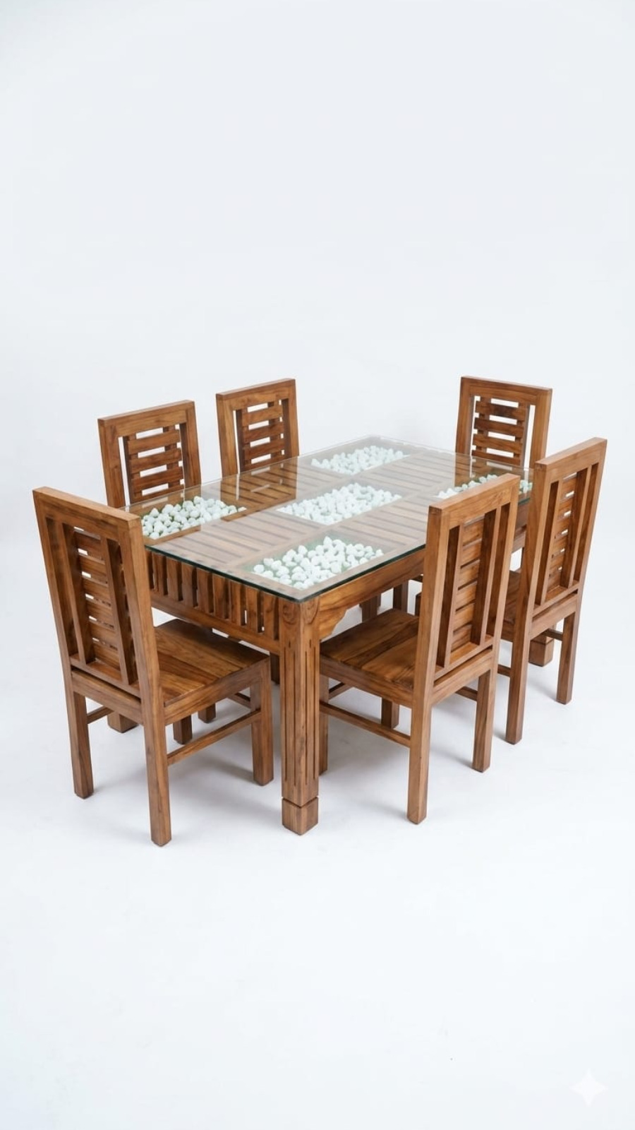 Zen Horizon 6-Seater Solid Wood Dining Set with Glass & White Pebble Inlays 1