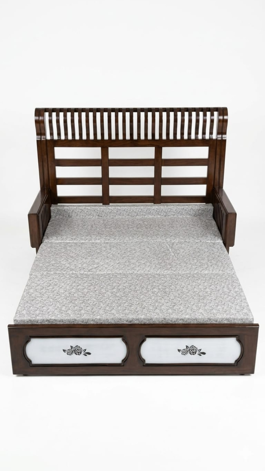 Classic Solid Wood Pull-Out Sofa-Cum-Bed with Rose Motif Inlays