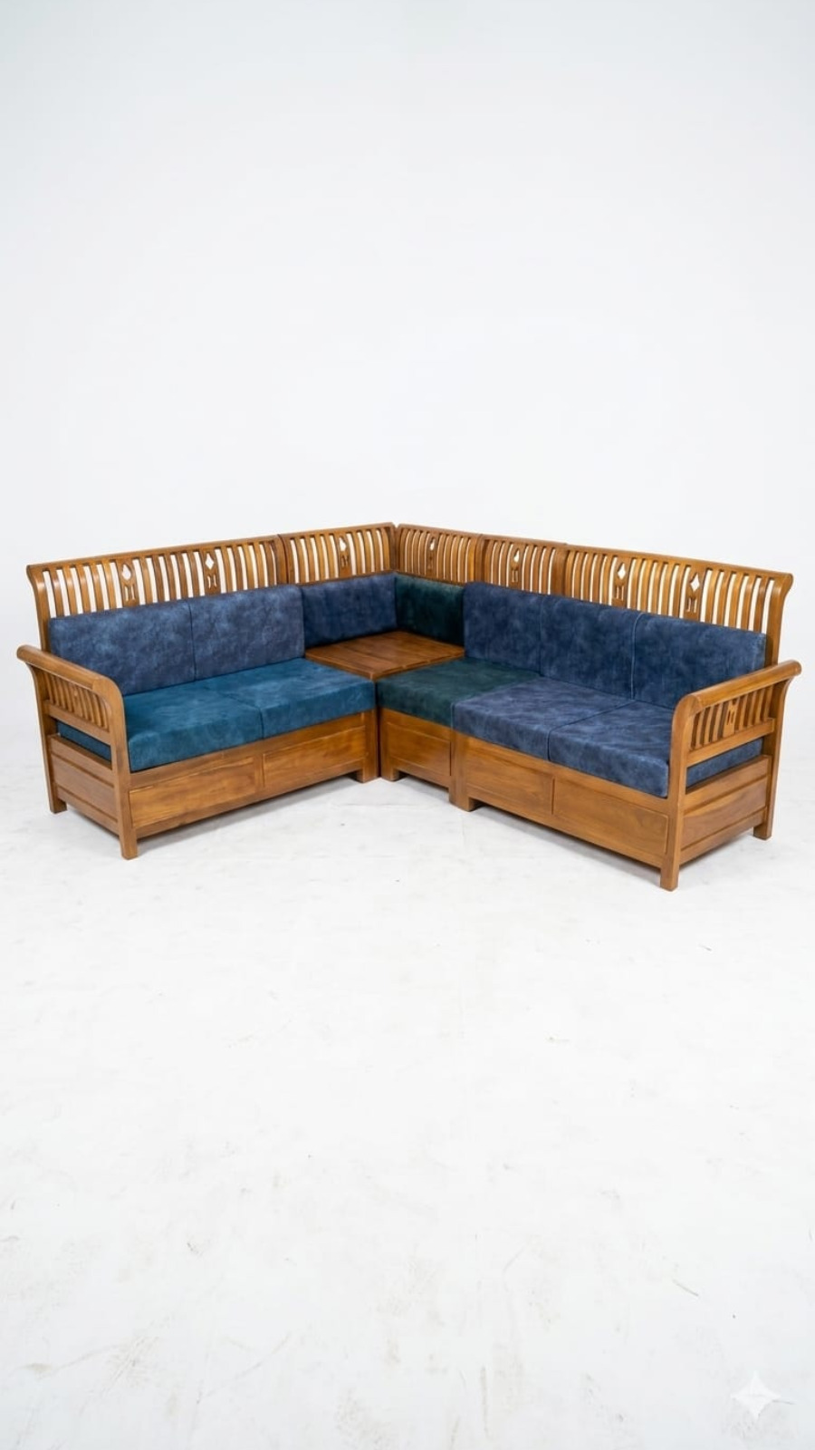 Modular Solid Teak Wood L-Shaped Sectional Sofa with Integrated Corner Table