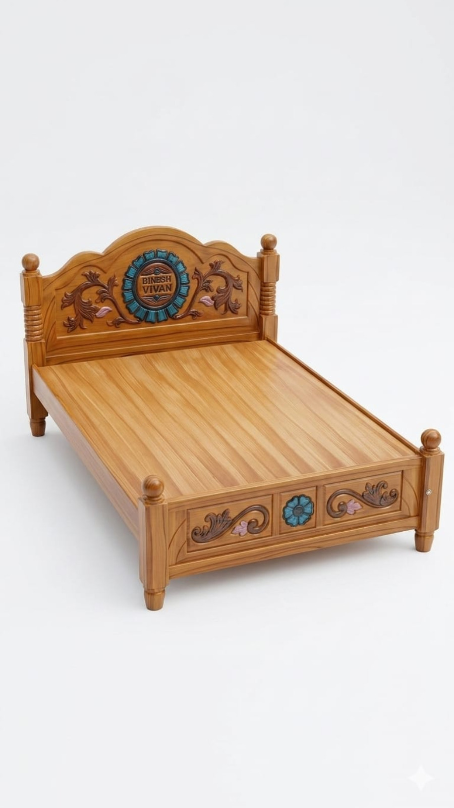 Maharaja Custom Name-Plate Solid Teak Wood Bed with Turquoise Medallion