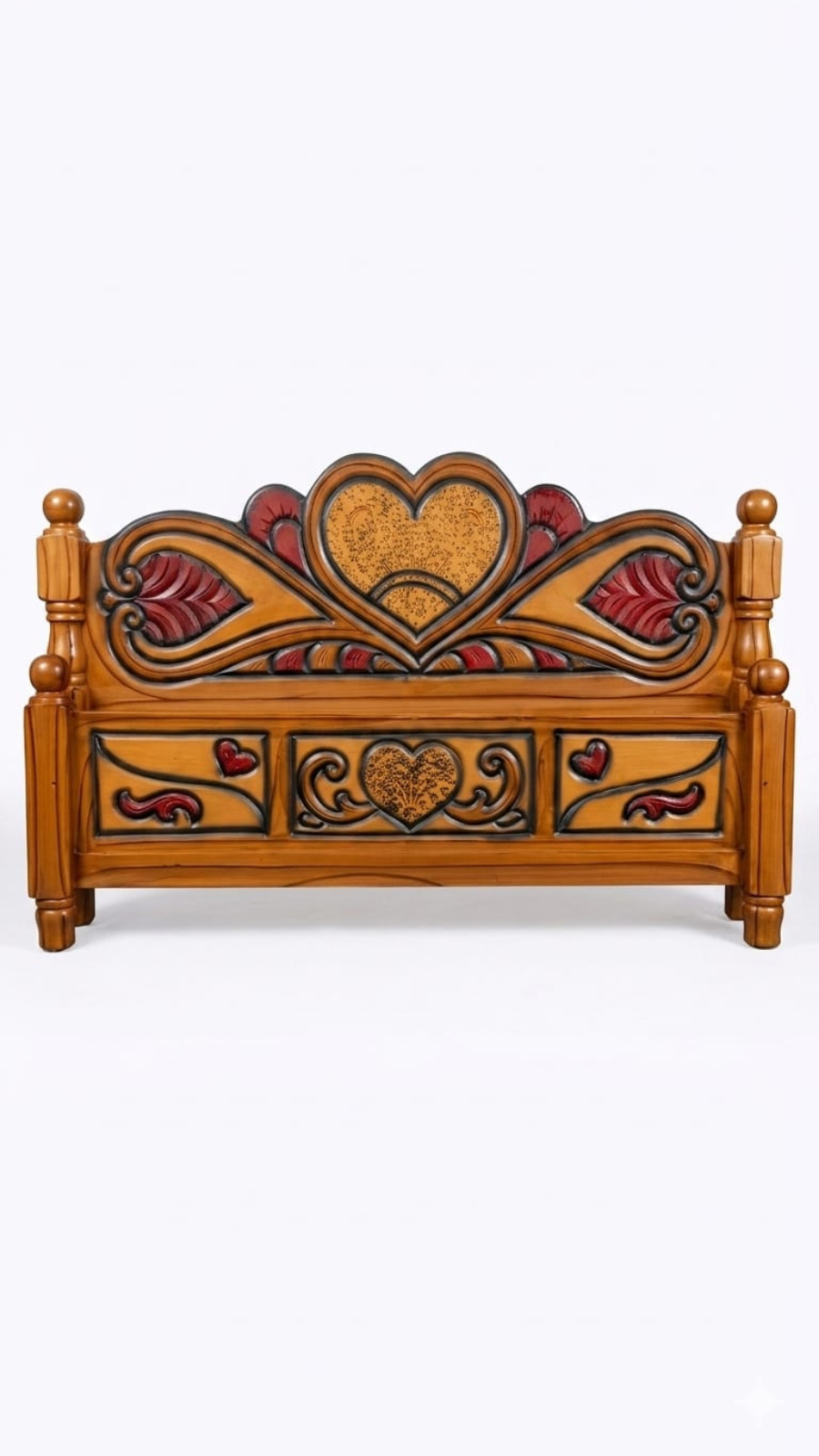 Preeti Heritage Hand-Carved Teak Wood Double Bed with Crimson Accents