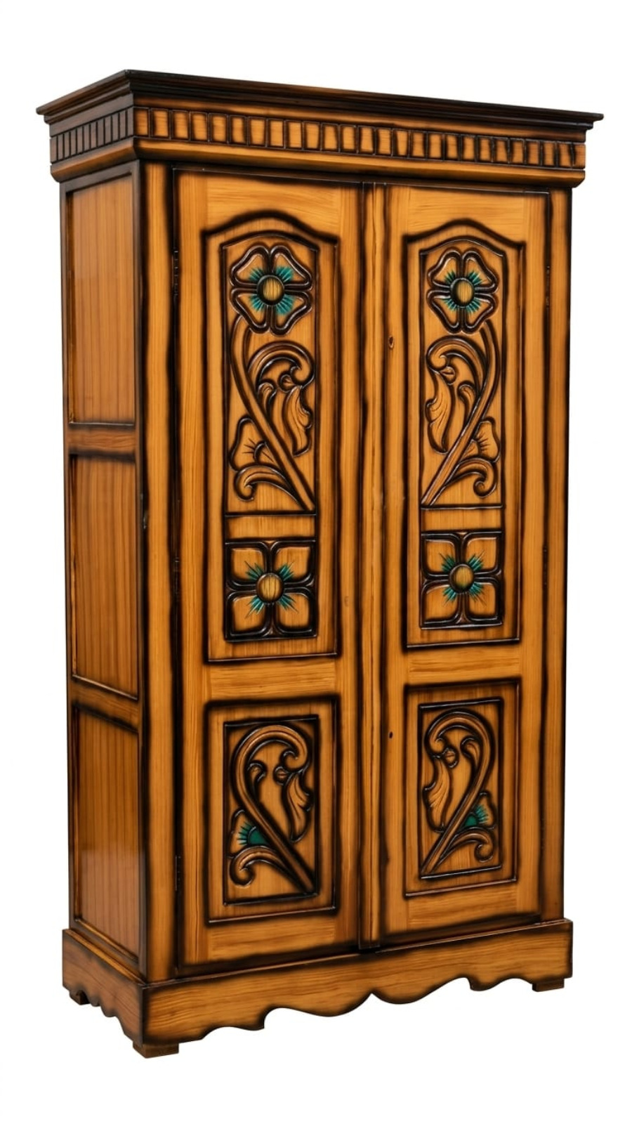 Vintage Artisan Hand-Carved 2-Door Wooden Wardrobe with Turquoise Inlays