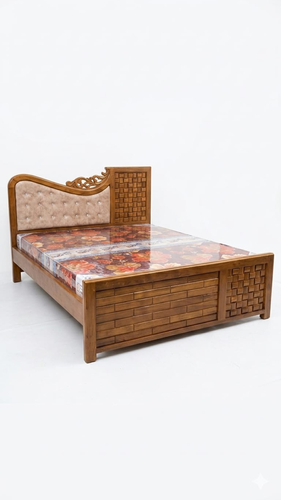 Artisan Teak-Finish Double Bed with Tufted Velvet and Basket-Weave Panels