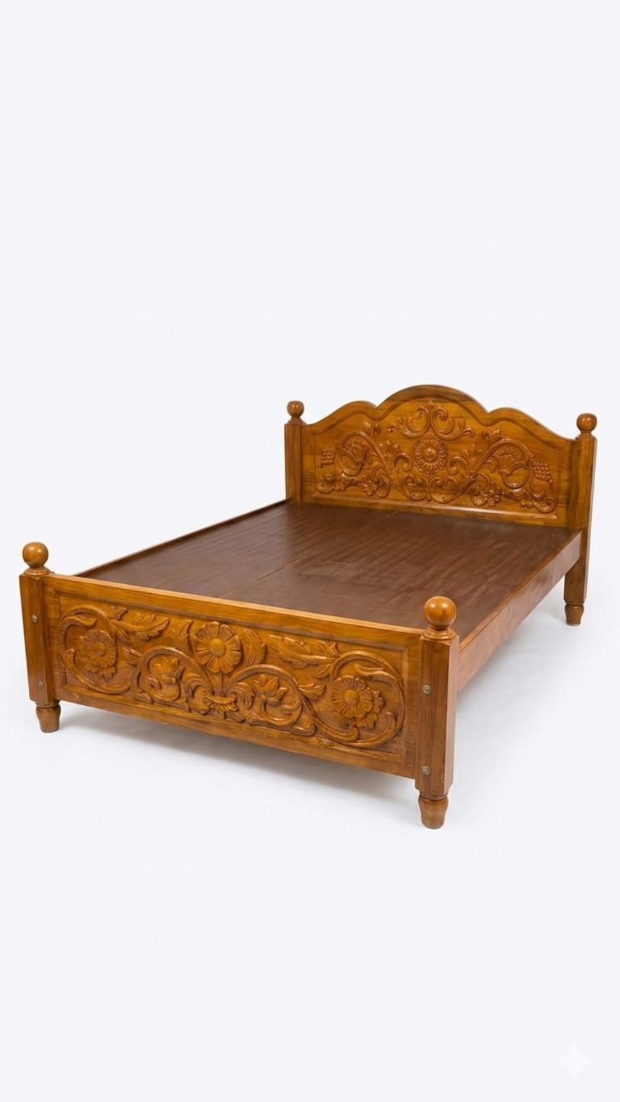 Royal Teak-Finish Solid Wood Double Bed with Baroque Floral Relief