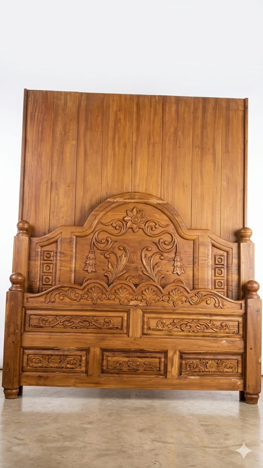 Heritage Solid Teak Wood Bed with Detailed Floral Relief Carvings