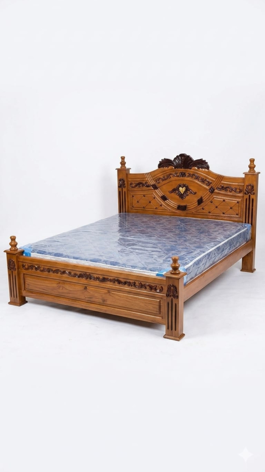 Heritage Crest Teak-Finish Solid Wood Queen Bed 1