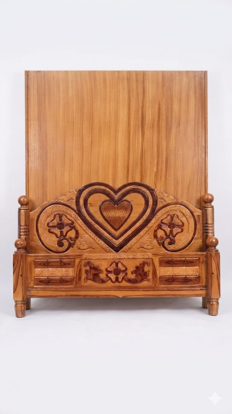 Sweetheart Carved Natural Teak Double Bed 1