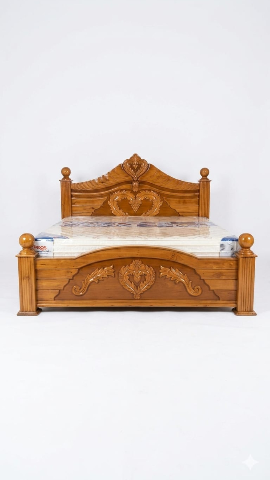 Heritage Teak-Finish Carved Wooden Double Bed