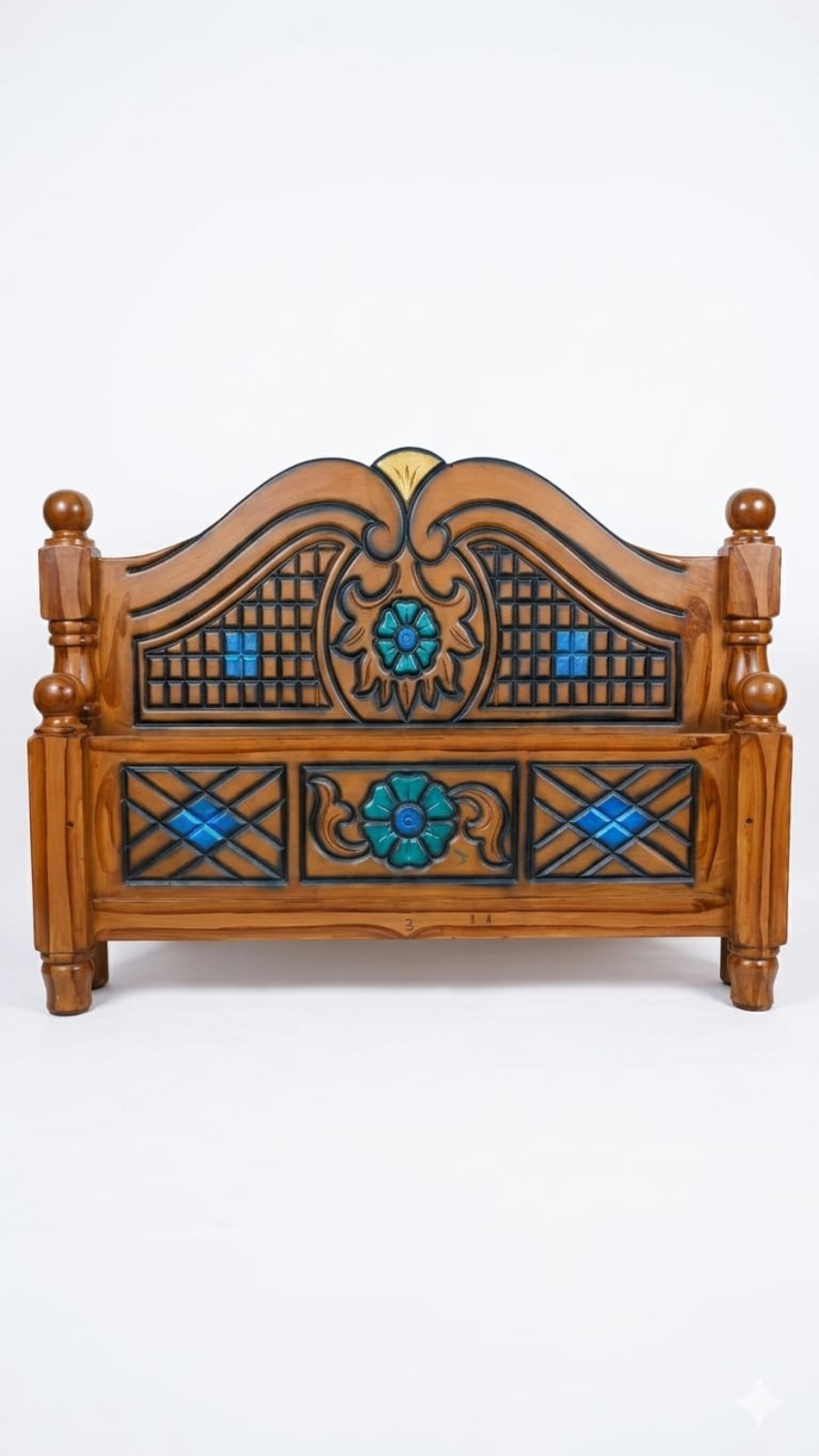 Classical Grid-Panel Wooden Headboard with Blue Turquoise Florals 1